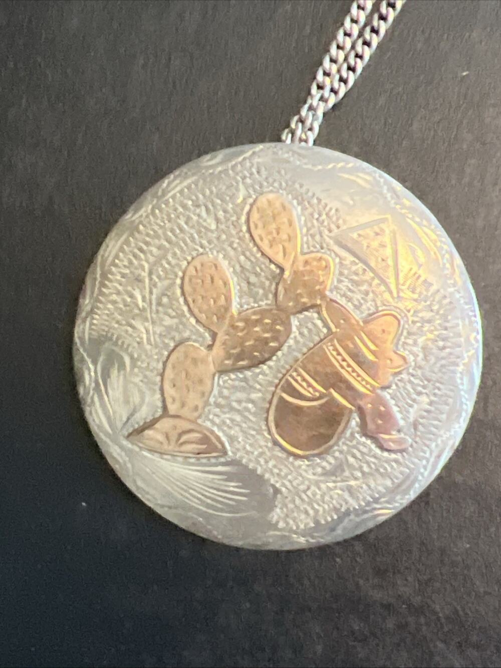 Vintage Mexican Brooch / Pendent Necklace Sterling Silver Cactus Desert Two Tone